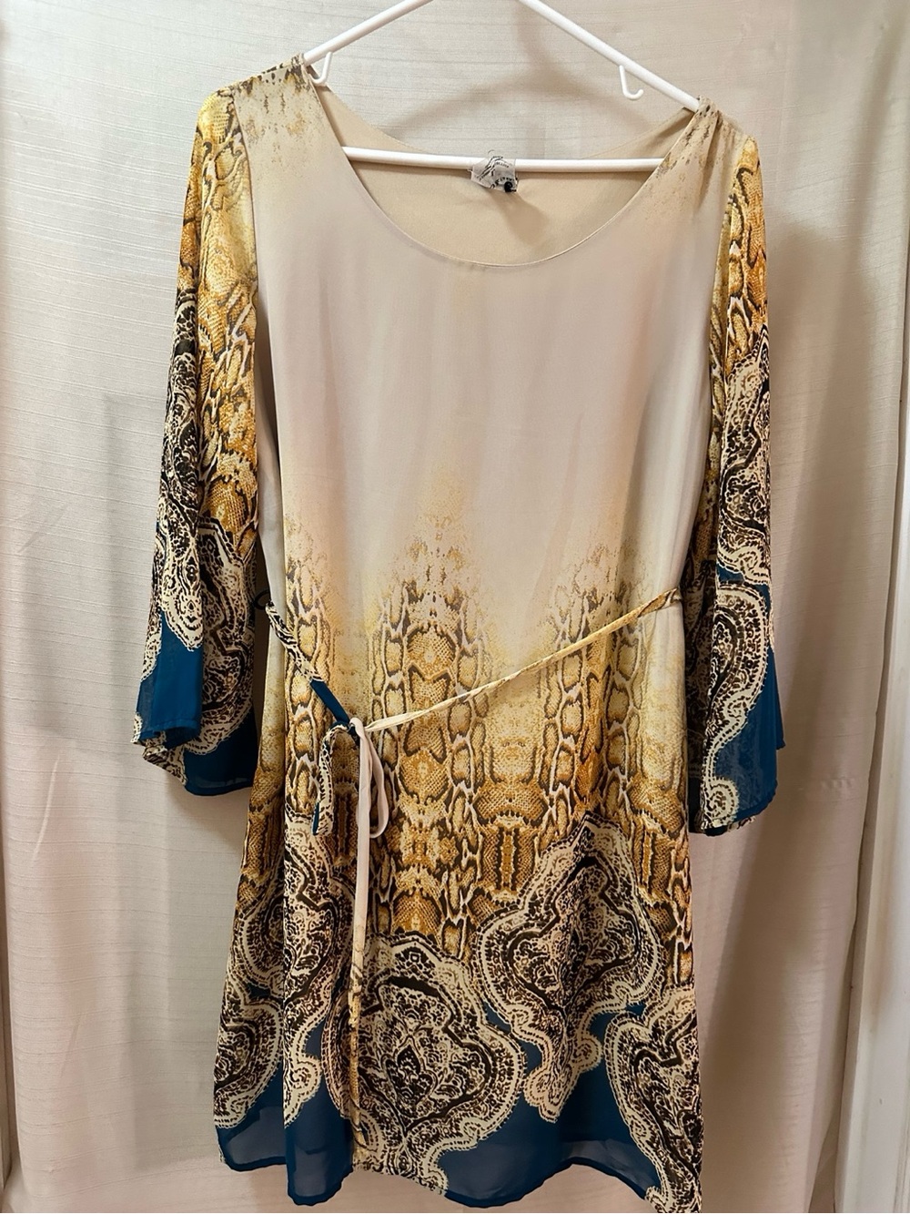 COCO & Tashi Snake Print Kimono Sleeve Belted Shift Dress Blue Beige Large
